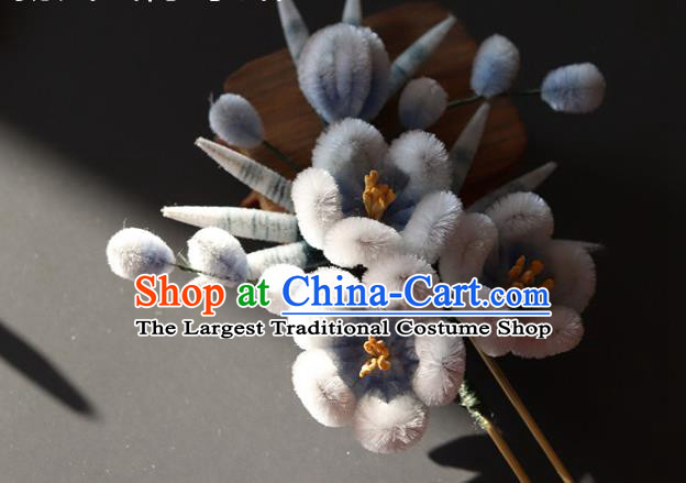 China Handmade Blue Velvet Plum Bamboo Hair Stick Traditional Ancient Princess Hanfu Hairpin