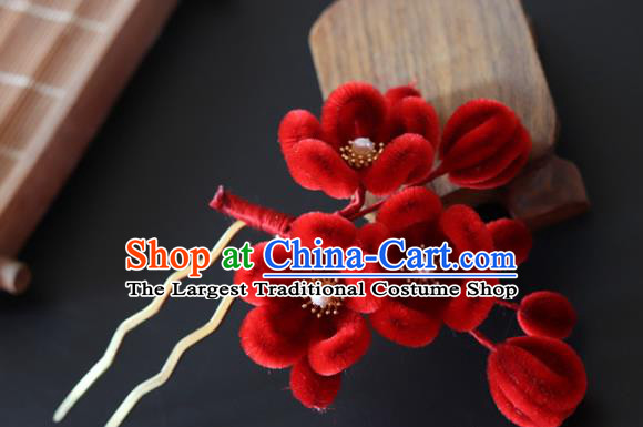 China Handmade Red Velvet Plum Blossom Hair Stick Traditional Ancient Qing Dynasty Princess Hairpin