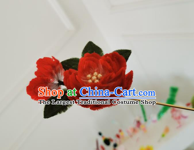 China Traditional Ancient Qing Dynasty Princess Flowers Hairpin Handmade Red Velvet Peony Hair Stick