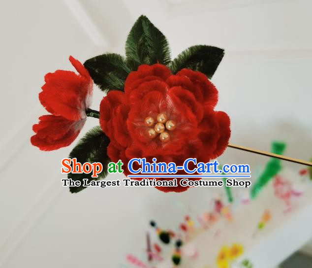 China Traditional Ancient Qing Dynasty Princess Flowers Hairpin Handmade Red Velvet Peony Hair Stick