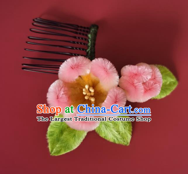 China Traditional Handmade Velvet Plum Hair Comb Ancient Princess Pink Hair Stick