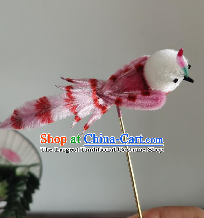 China Traditional Ancient Hanfu Hair Stick Handmade Pink Velvet Bird Hairpin