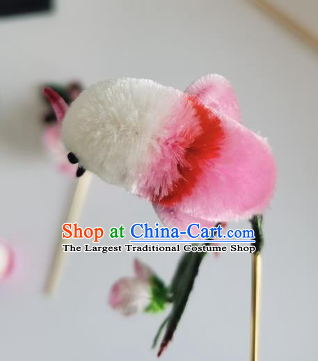 China Traditional Ancient Hanfu Hair Stick Handmade Pink Velvet Bird Hairpin