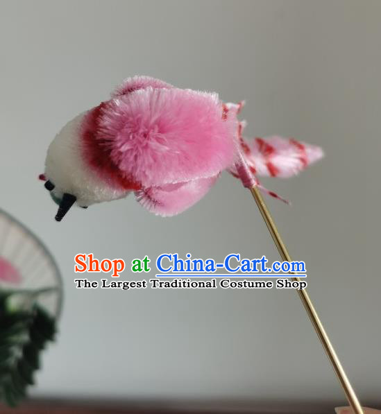 China Traditional Ancient Hanfu Hair Stick Handmade Pink Velvet Bird Hairpin