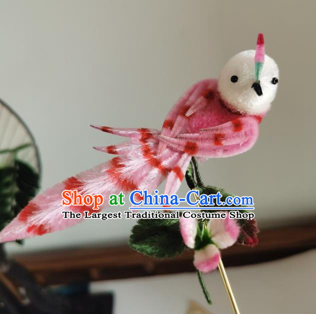 China Traditional Ancient Hanfu Hair Stick Handmade Pink Velvet Bird Hairpin