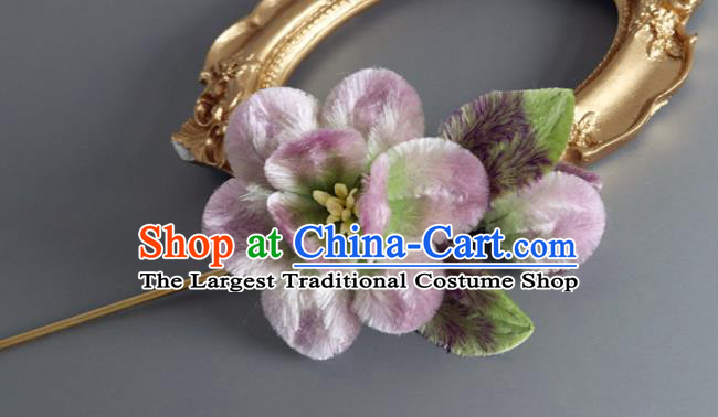 Traditional China Ancient Hanfu Hairpin Handmade Lilac Velvet Flowers Hair Accessories
