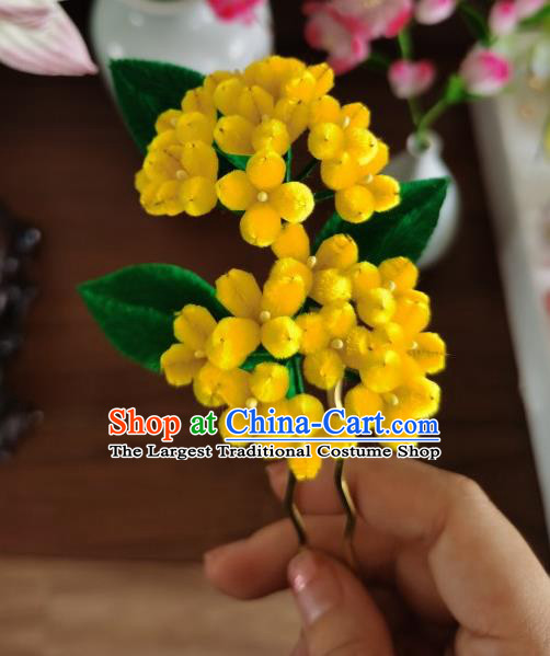 Handmade China Traditional Ancient Hanfu Yellow Flowers Hairpin Velvet Osmanthus Hair Accessories