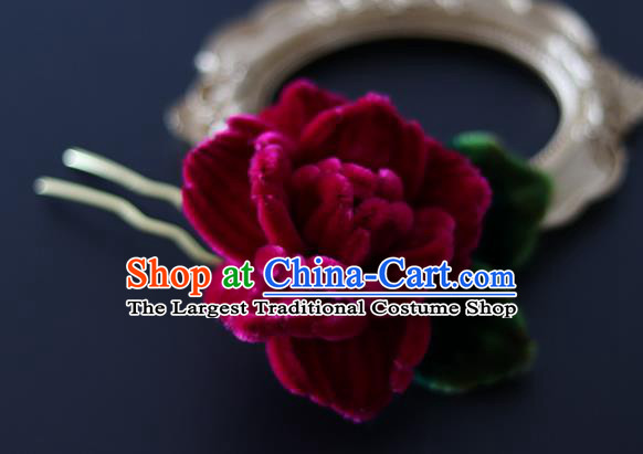 Handmade China Traditional Hanfu Hair Accessories Hair Stick Ancient Court Rosy Velvet Rose Hairpin