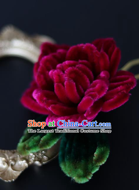 Handmade China Traditional Hanfu Hair Accessories Hair Stick Ancient Court Rosy Velvet Rose Hairpin