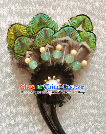 China Classical Cheongsam Green Feather Hairpin Traditional Hanfu Hair Accessories Handmade Ebony Hair Stick