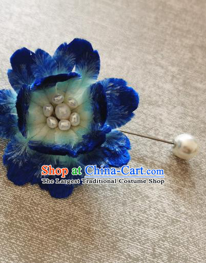 Handmade China Traditional Cheongsam Pearls Accessories Classical Blue Velvet Peony Brooch