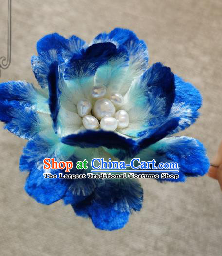 Handmade China Traditional Cheongsam Pearls Accessories Classical Blue Velvet Peony Brooch
