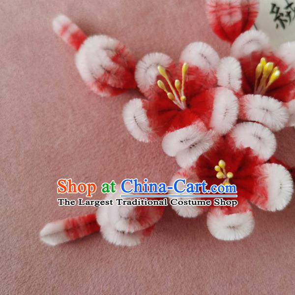 China Classical Hanfu Velvet Hair Stick Traditional Ancient Court Red Plum Blossom Hairpin