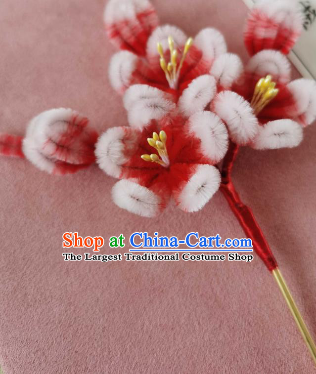 China Classical Hanfu Velvet Hair Stick Traditional Ancient Court Red Plum Blossom Hairpin