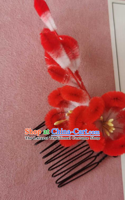 China Classical Hanfu Red Velvet Hair Comb Traditional Ancient Court Plum Blossom Hair Stick
