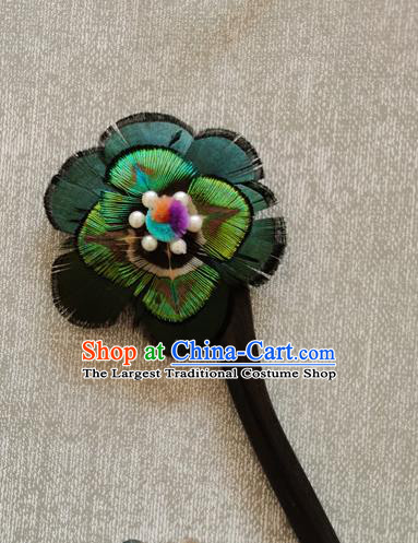 China Handmade Ebony Hair Stick Traditional Hanfu Hair Accessories Classical Cheongsam Peacock Feather Hairpin