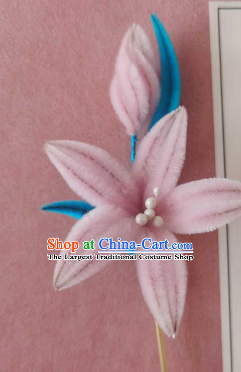 China Classical Hanfu Pink Velvet Lily Flower Hair Stick Traditional Ancient Court Lady Hairpin