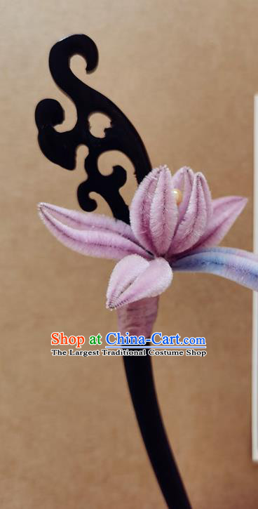 China Classical Hanfu Pink Velvet Orchids Hair Stick Traditional Ancient Court Lady Ebony Pearls Hairpin