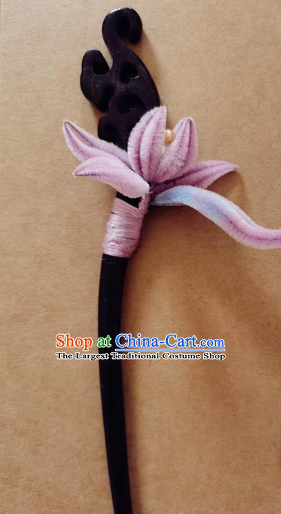 China Classical Hanfu Pink Velvet Orchids Hair Stick Traditional Ancient Court Lady Ebony Pearls Hairpin