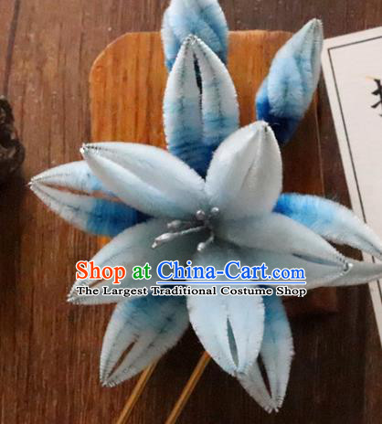 China Classical Hanfu Blue Velvet Hairpin Traditional Ancient Court Lady Orchids Hair Stick