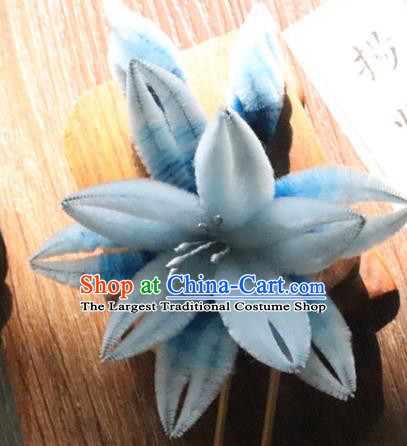 China Classical Hanfu Blue Velvet Hairpin Traditional Ancient Court Lady Orchids Hair Stick