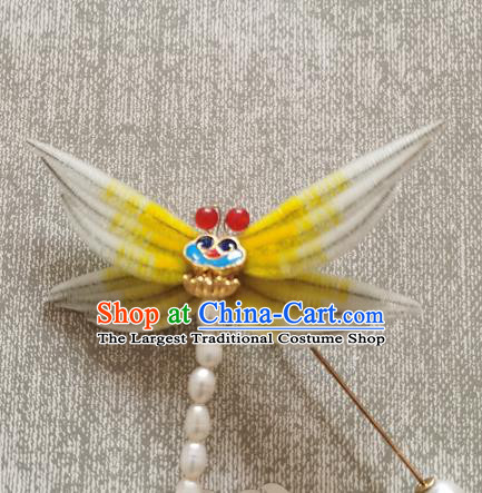 China Handmade Pearls Dragonfly Hair Stick Traditional Hanfu Hair Accessories Classical Cheongsam Yellow Velvet Hairpin