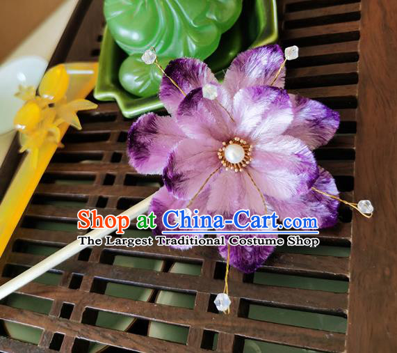 China Handmade Purple Hair Stick Traditional Hanfu Hair Accessories Classical Cheongsam Velvet Lotus Hairpin