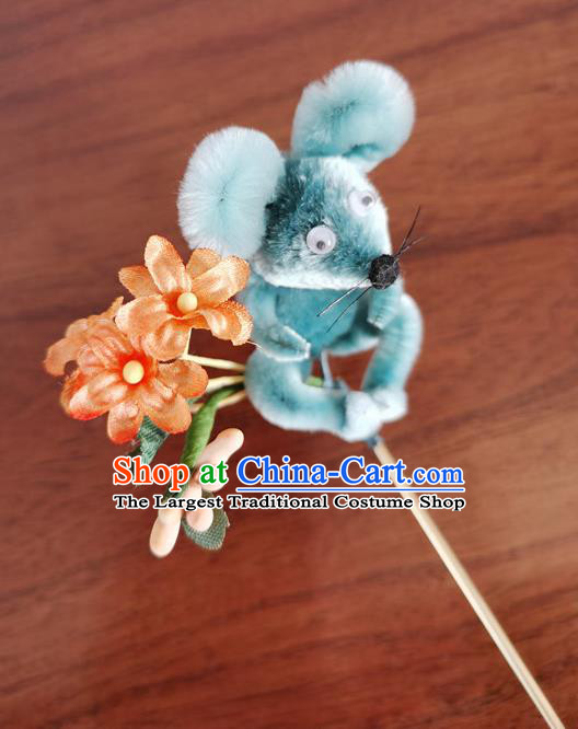 China Classical Hanfu Blue Velvet Mouse Hairpin Traditional Ancient Palace Lady Flowers Hair Stick