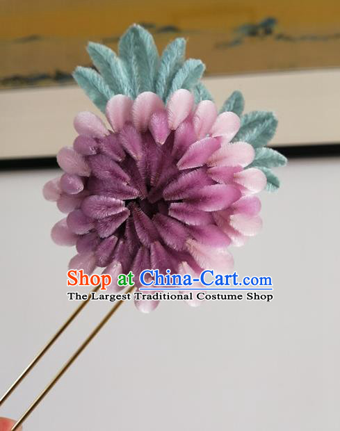 China Traditional Ancient Palace Lady Lilac Velvet Chrysanthemum Hair Stick Classical Hanfu Flowers Hairpin