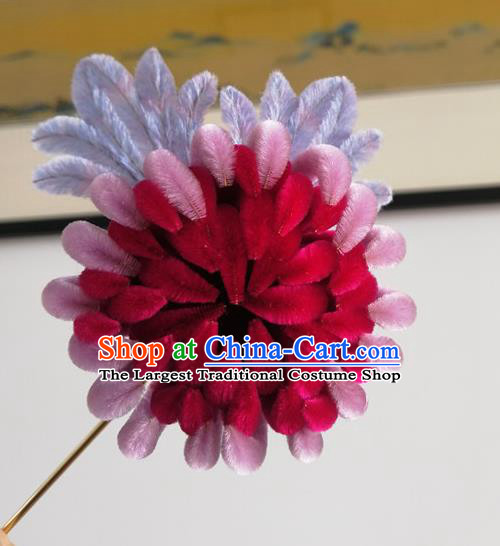 China Traditional Ancient Palace Lady Flowers Hairpin Classical Hanfu Rosy Velvet Chrysanthemum Hair Stick
