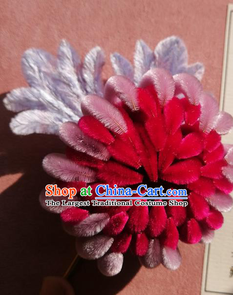 China Traditional Ancient Palace Lady Flowers Hairpin Classical Hanfu Rosy Velvet Chrysanthemum Hair Stick