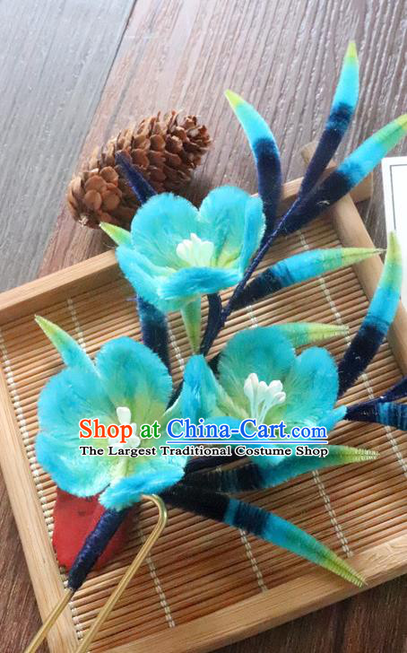 China Traditional Ancient Palace Lady Bamboo Hair Stick Classical Hanfu Blue Velvet Plum Hairpin