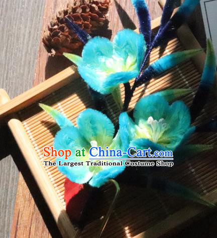 China Traditional Ancient Palace Lady Bamboo Hair Stick Classical Hanfu Blue Velvet Plum Hairpin
