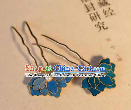China Traditional Ancient Qing Dynasty Pearl Hair Stick Classical Hanfu Blueing Peony Hairpin