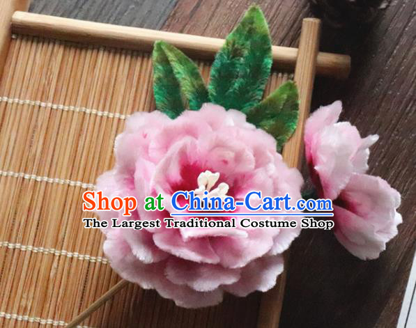China Classical Hanfu Pink Flower Hairpin Traditional Ancient Palace Lady Velvet Peony Hair Stick