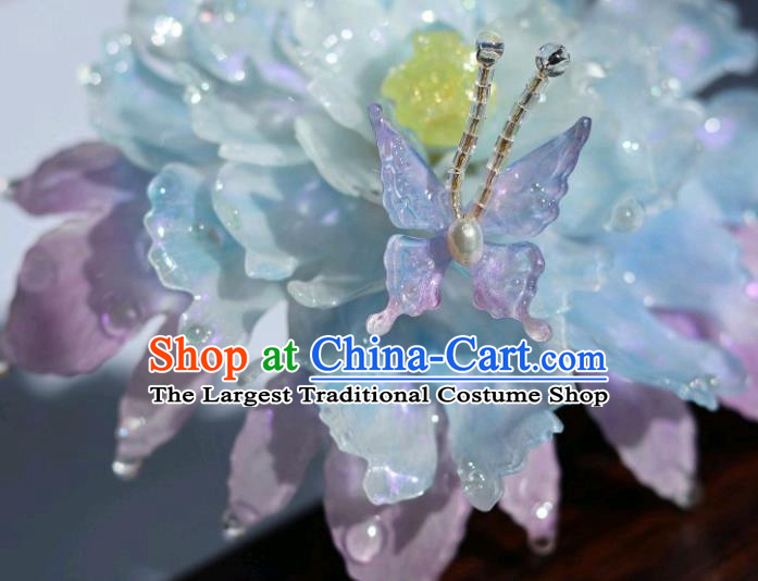 China Classical Hanfu Blue Peony Hairpin Traditional Ancient Princess Hair Stick