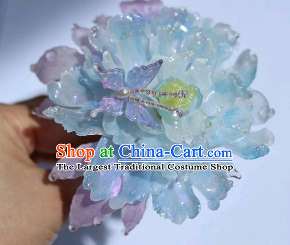 China Classical Hanfu Blue Peony Hairpin Traditional Ancient Princess Hair Stick