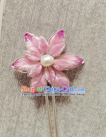 China Handmade Silver Hair Stick Traditional Hanfu Hair Accessories Classical Cheongsam Pink Velvet Lotus Hairpin