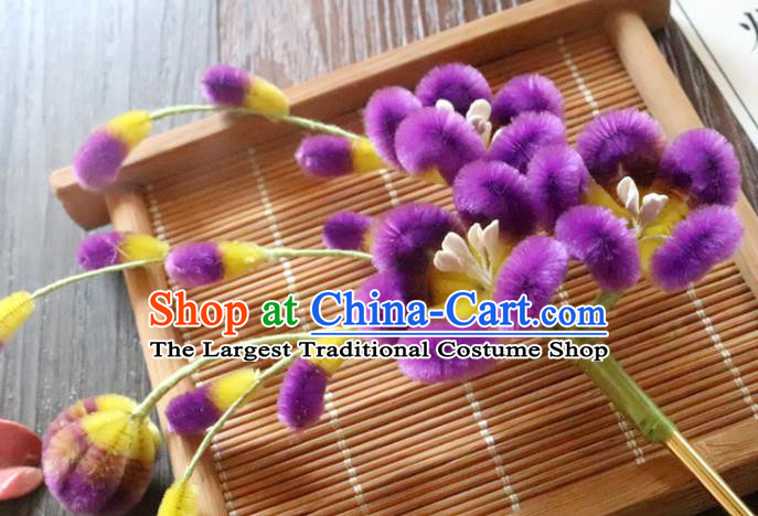 China Classical Hanfu Purple Plum Blossom Hairpin Traditional Ancient Palace Lady Velvet Flowers Hair Stick