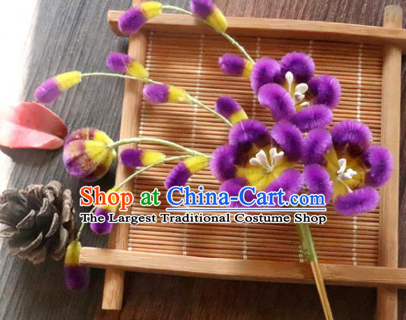 China Classical Hanfu Purple Plum Blossom Hairpin Traditional Ancient Palace Lady Velvet Flowers Hair Stick