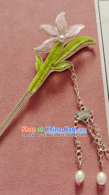 China Handmade Velvet Orchid Hair Stick Traditional Hanfu Hair Accessories Classical Cheongsam Tassel Silver Hairpin