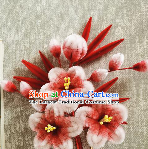 China Traditional Cheongsam Velvet Hairpin Handmade Hair Accessories Classical Red Bamboo Plum Hair Stick
