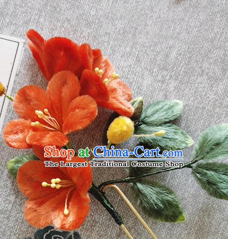 China Traditional Cheongsam Velvet Hairpin Handmade Hair Accessories Classical Red Flowers Hair Stick
