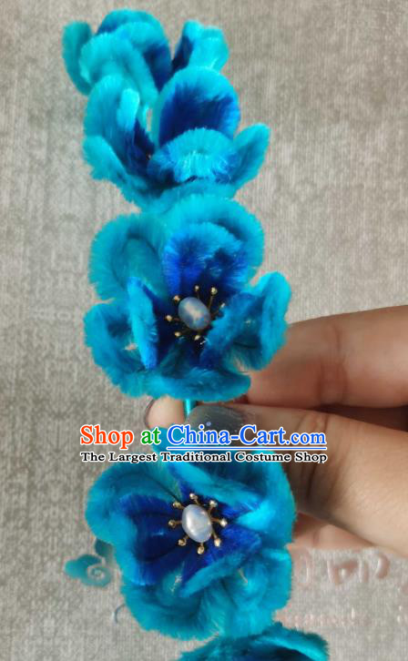 China Classical Pearls Hair Stick Handmade Hair Accessories Traditional Cheongsam Blue Velvet Plum Blossom Hairpin