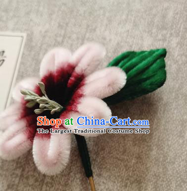 China Traditional Cheongsam Velvet Hairpin Handmade Hair Accessories Classical Pink Flowers Hair Stick