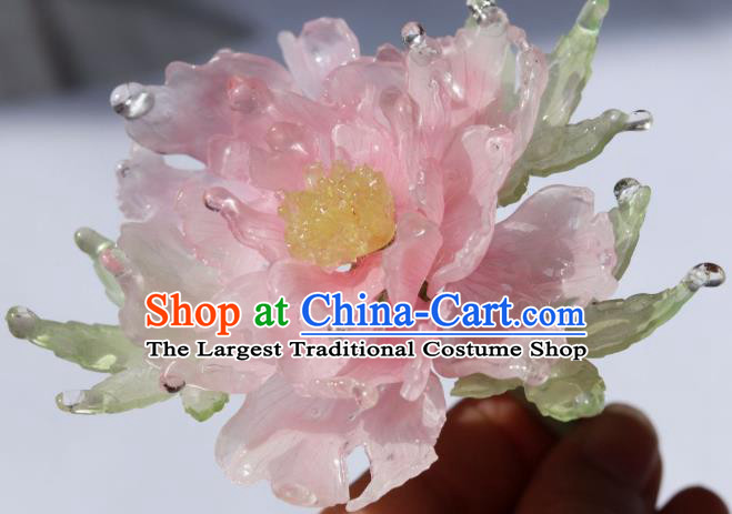 China Traditional Ancient Ming Dynasty Princess Peony Hair Stick Classical Hanfu Green Leaf Hairpin