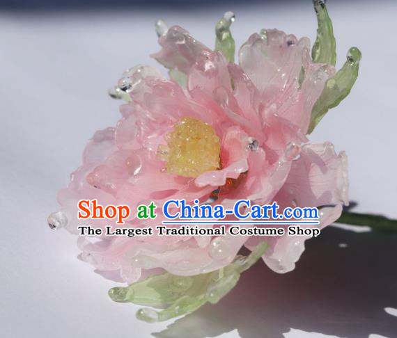 China Traditional Ancient Ming Dynasty Princess Peony Hair Stick Classical Hanfu Green Leaf Hairpin