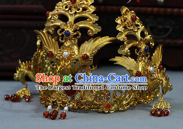 China Traditional Ming Dynasty Empress Gems Phoenix Crown Ancient Noble Woman Golden Hairpin