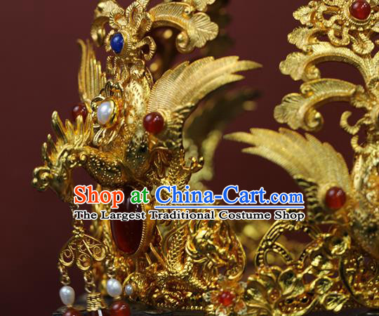 China Traditional Ming Dynasty Empress Gems Phoenix Crown Ancient Noble Woman Golden Hairpin