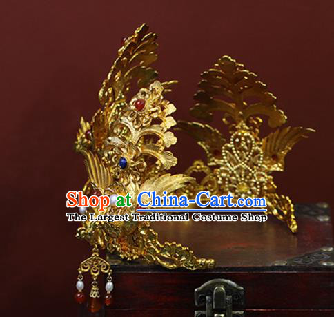 China Traditional Ming Dynasty Empress Gems Phoenix Crown Ancient Noble Woman Golden Hairpin